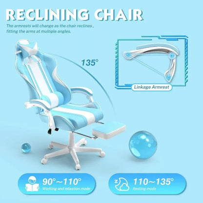 For Kawaii Light Blue Gaming Chair with Bunny Ears, Ergonomic Cute Gamer Chair with Footrest and Massage, Racing Reclining