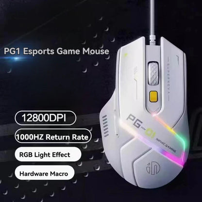 Ratón gaming con cable Inphic Pg1, iluminación RGB, programación de macros, 12800DPI, 6 botones, ratón para ordenador, tasa de sondeo de 1000hz