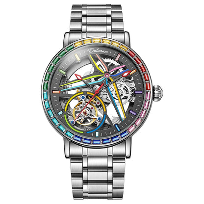 Montre squelette pour homme, style mode, ornée de pierres précieuses aux couleurs de l'arc-en-ciel, dotée d'un tourbillon; montre mécanique automatique de luxe, étanche jusqu'à 30 mètres.