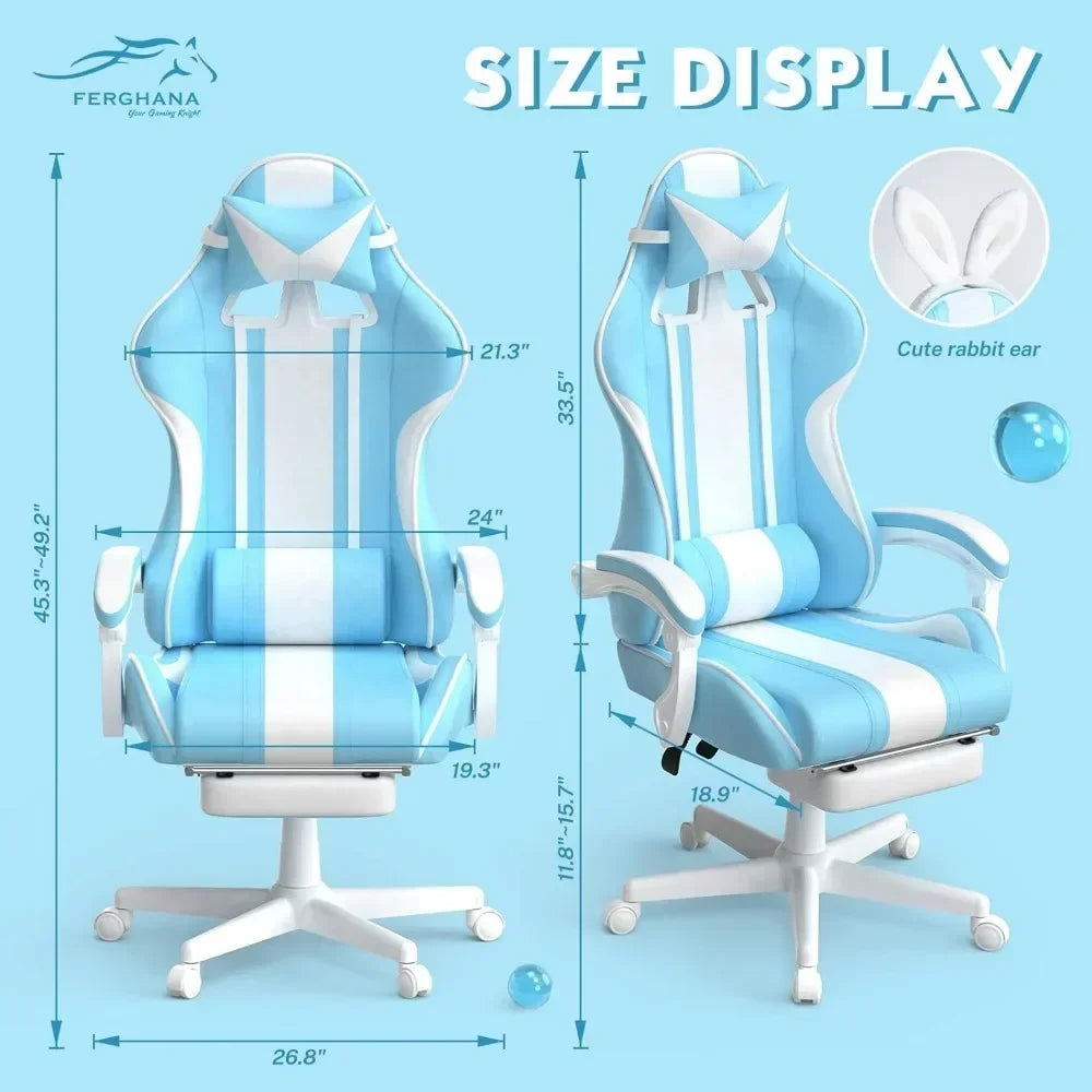 For Kawaii Light Blue Gaming Chair with Bunny Ears, Ergonomic Cute Gamer Chair with Footrest and Massage, Racing Reclining
