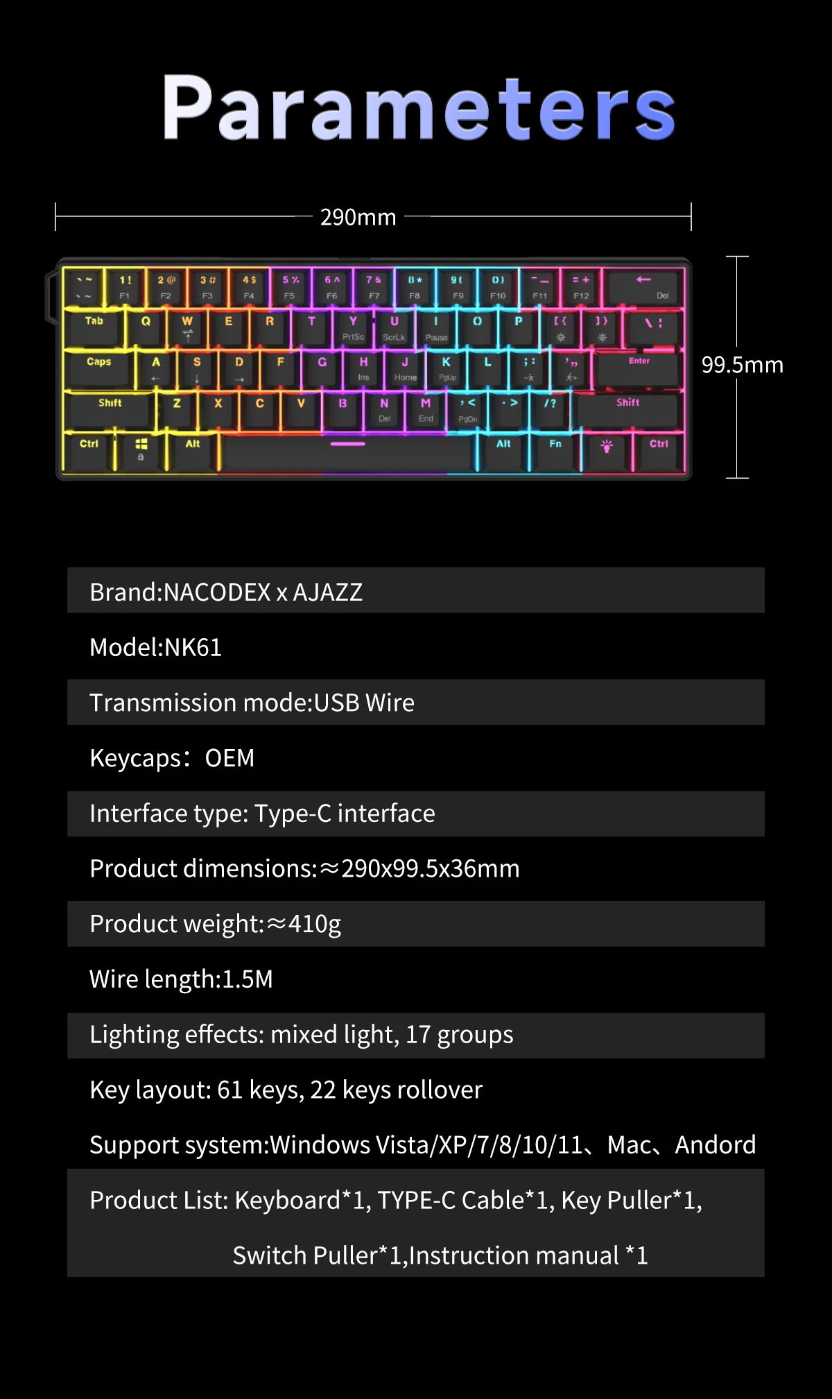 Ajazz NK61 Wired Mechanical Gaming Keyboard 61 Keys RGB Hot-Swap Mixed Color Red Switch Compatible with Win/Mac for Gamers