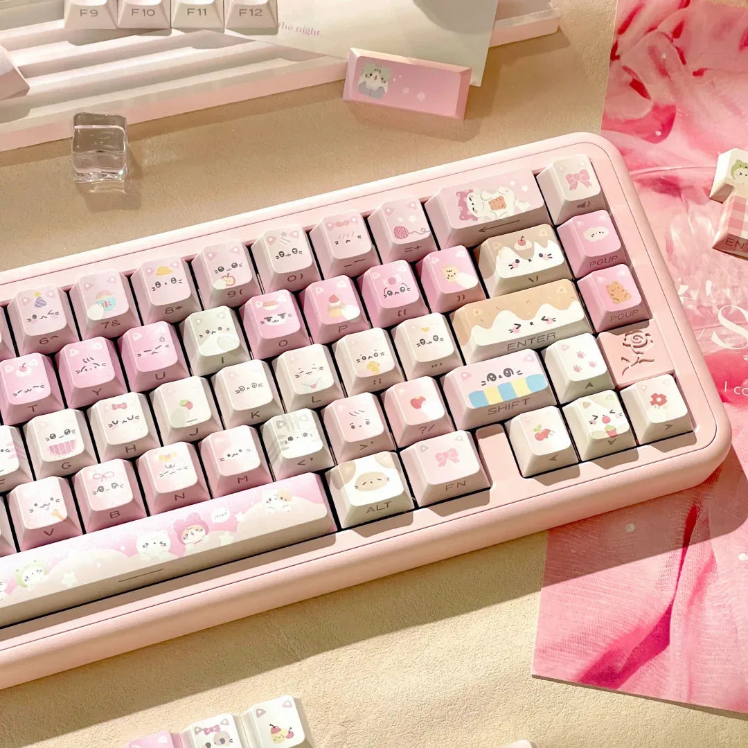 Pink Meow Keycaps Cute Cat Head MAO Cherry Profile PBT Key Cap For Gift Mechanical Keyboard KeyCap Keyboards Accessories