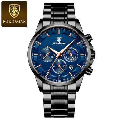 Relógio de pulso de luxo para homem POEDAGAR, estilo militar, estanque, luminoso, cronógrafo, em aço inoxidável, de quartzo, com caixa.