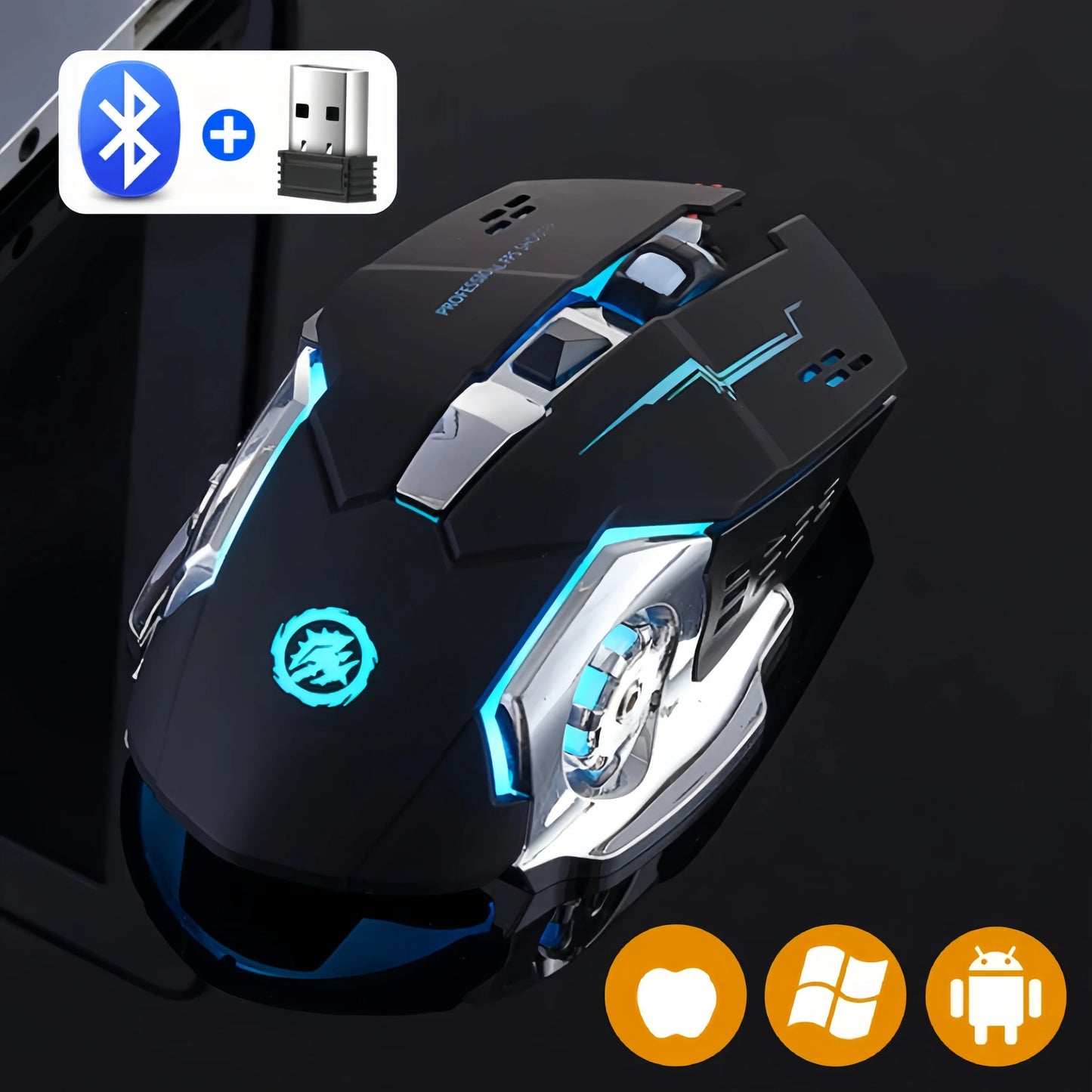 Ratón gaming inalámbrico recargable – Bluetooth/USB silencioso, retroiluminación RGB, e-sports para PC