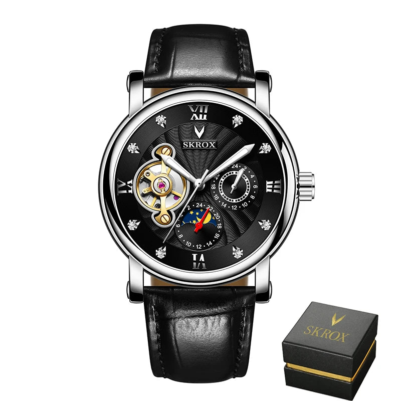Montre mécanique automatique de luxe pour homme, signée par une grande marque, dotée d'un tourbillon, d'une phase de lune et de diamants – une montre-bracelet élégante.