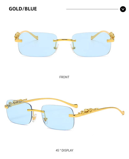 New Rimless Rectangle Vintage Metal Leopard Head Sunglasses Fashion Frameless Tinted Glasses Shades for Women Men