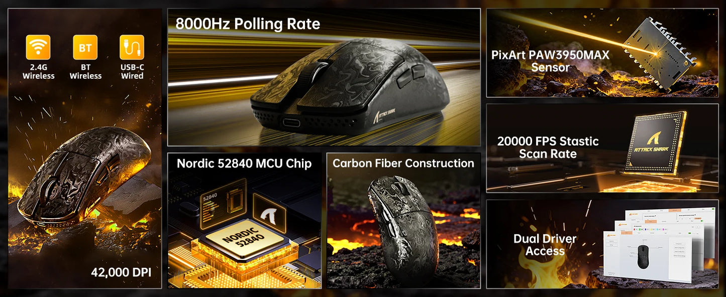 Ratón gaming inalámbrico ATTACK SHARK R11 ULTRA de fibra de carbono, 8000Hz, PAW3950MAX, 42000DPI, ultraligero de 49g, 20000FPS, Nordic 52840