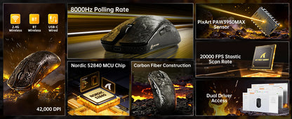 Ratón gaming inalámbrico ATTACK SHARK R11 ULTRA de fibra de carbono, 8000Hz, PAW3950MAX, 42000DPI, ultraligero de 49g, 20000FPS, Nordic 52840