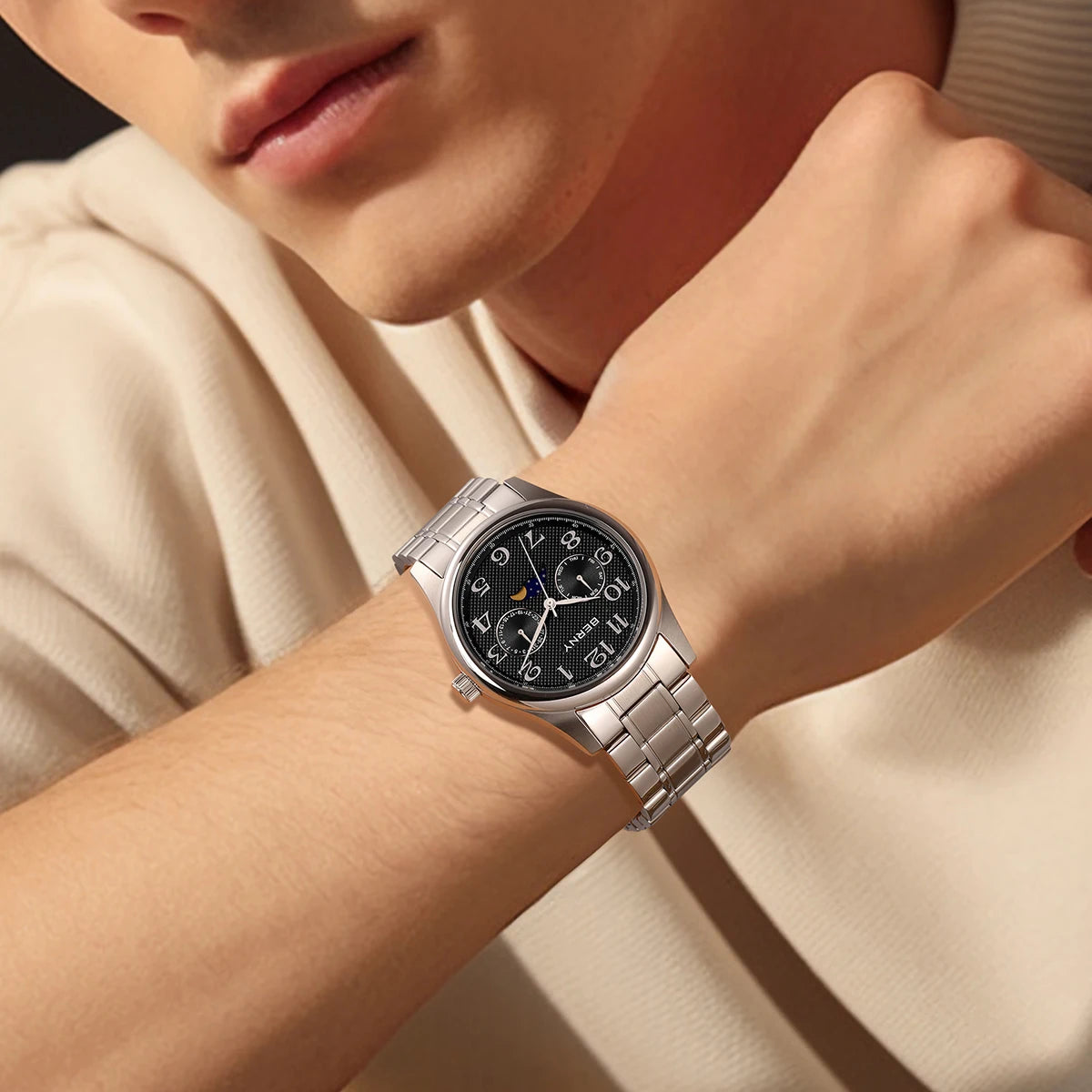 BERNY Watches for Men Moon Phase Quartz Men's Watch Day and Date Calendar Easy Read Vintage-Style Business Dress Wristwatch