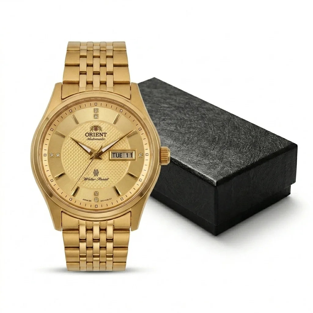 Montre mécanique automatique pour homme Orient, avec double calendrier (date et jour de la semaine), index en cristal et bracelet en acier inoxydable – Montre-bracelet de style professionnel