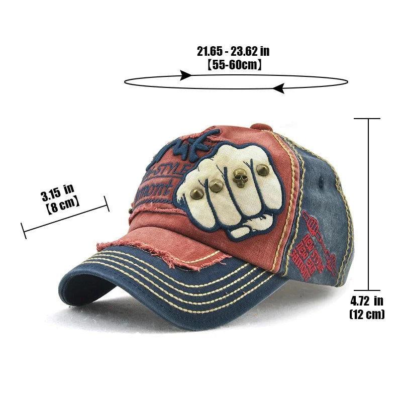 Boné de Basebol de Moda para Desporto e Ar Livre, Boné Casual de Sol, Gorras Hip Hop, Tamanho Único Ajustável Unissexo, Patch de Punho com Rebites