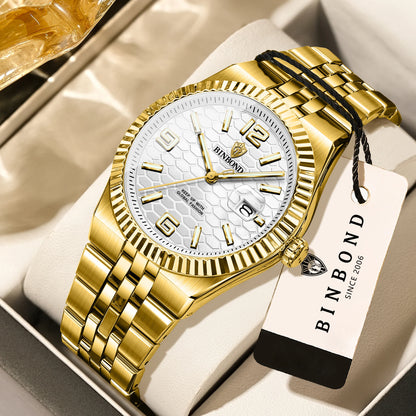 BINBOND luxury quartz wristwatch, luminous, water-resistant, automatic date, for men, stainless steel, business, sport, fashion and casual styles.