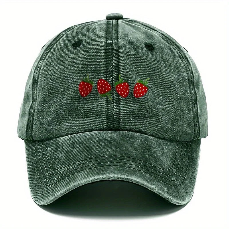 Casquette de baseball imprimée « fraises » avec visière réglable, casquette « duckbill » tendance pour hommes et femmes, design à visière souple