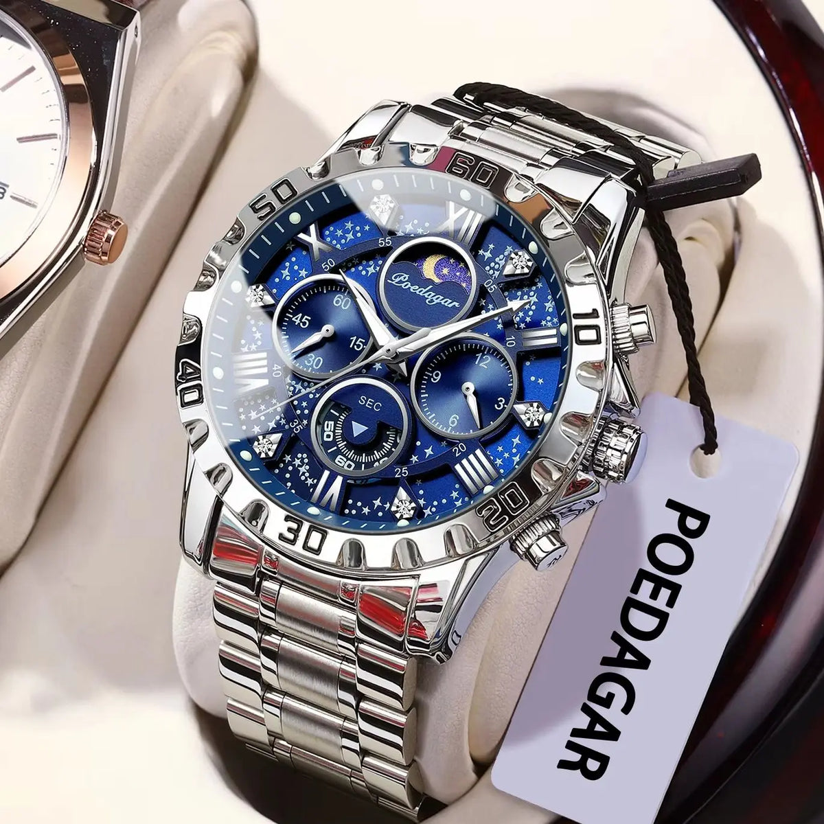 Montre pour homme POEDAGAR – Chronographe de luxe, étanche et luminescent, en acier inoxydable, style sportif et militaire, à mouvement à quartz