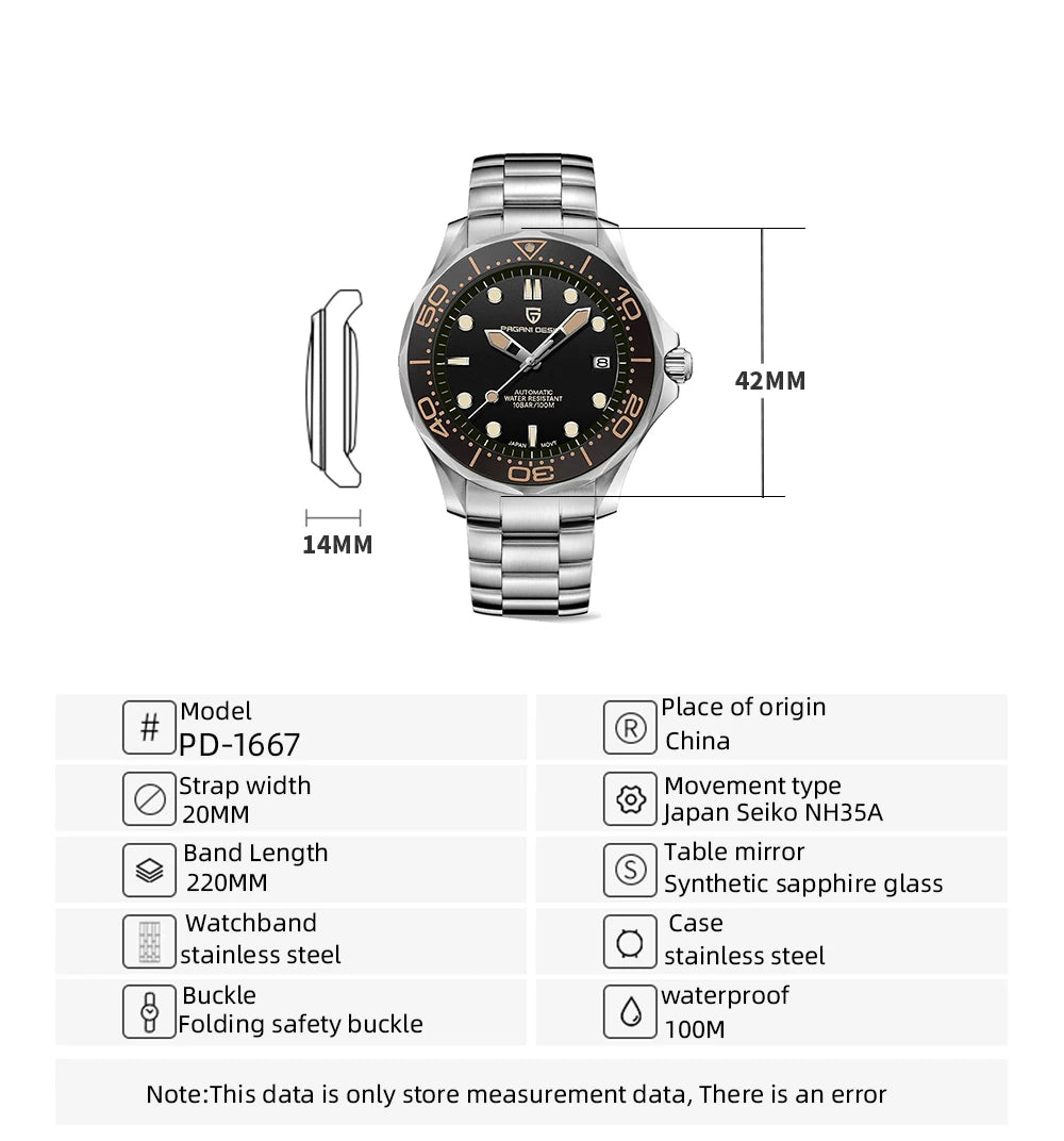 PAGANI DESIGN Men's Watches Mechanical Automatic Watch Sport Ceramic Bezel Luminous Stainless Steel Waterproof Top Watch for Men