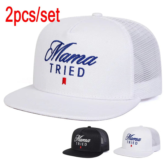 2PCSSET Unisex Mama TRIED Embroidery Hip-hop Net Hats Spring Summer Outdoor Adjustable Sports Casual Baseball Caps Sunscreen Hat