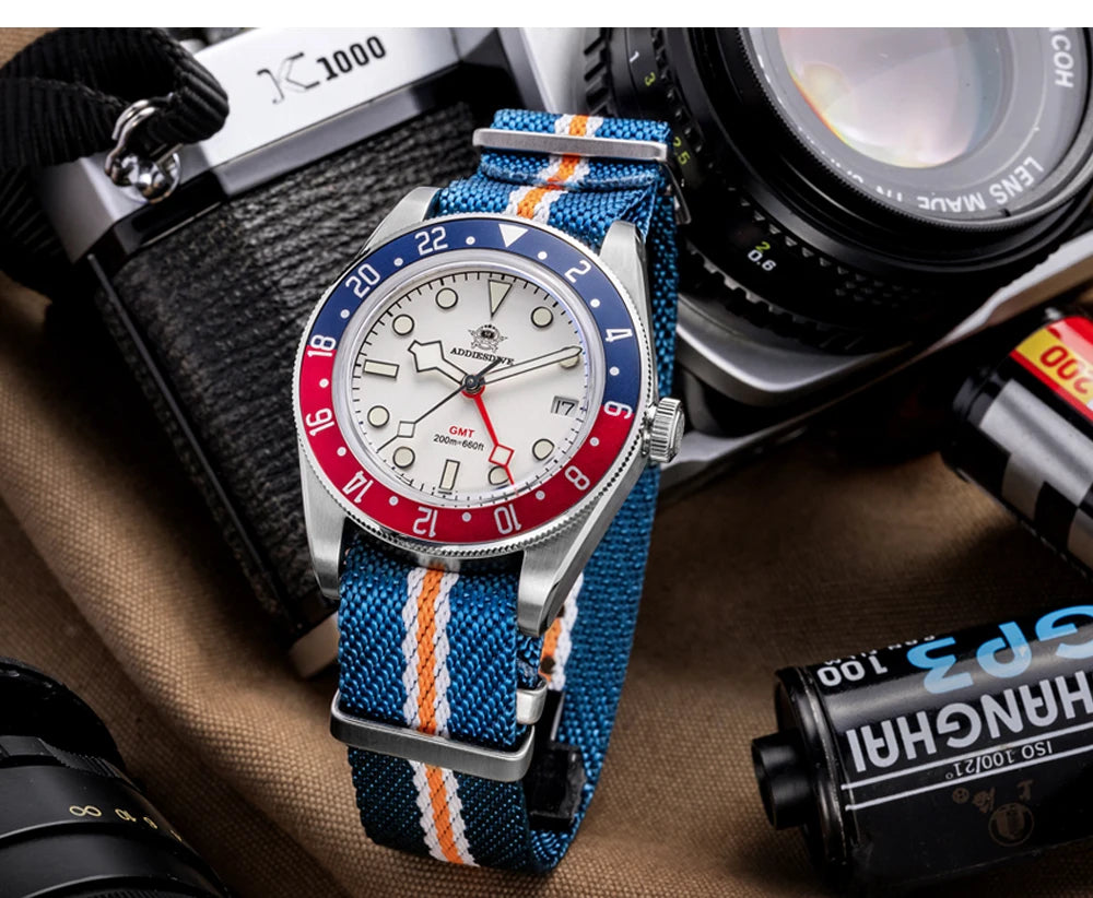 ADDIESDIVE GMT Quartz Watches Bubble Mirror Glass AD2044 Men's Sport Diver Watch 20Bar Waterproof Super Luminous Man WristWatch
