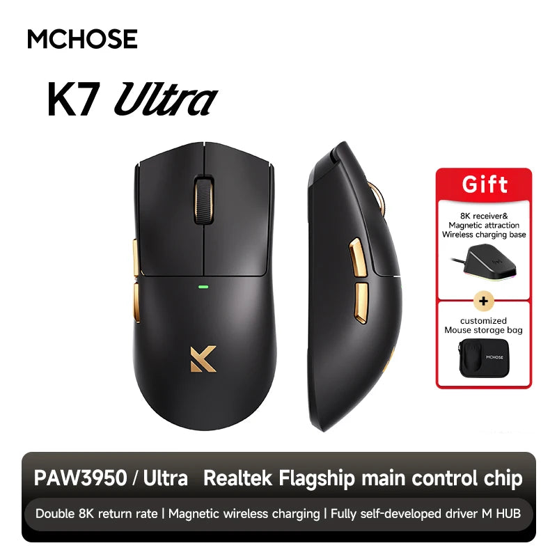 MCHOSE K7 Ultra Dual 8K Polling Rate Lightweight Magnetic Wireless Gaming Mouse PAW3950 Wireless Charging Dock Esports Office