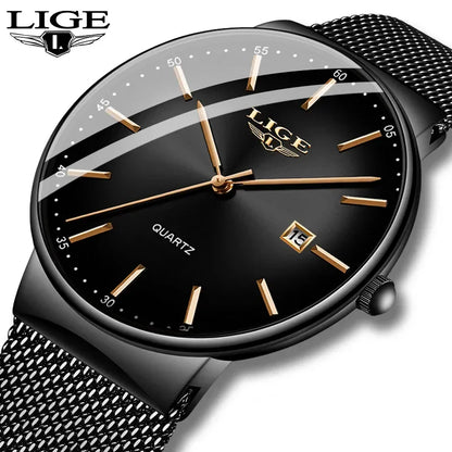 Pánske hodinky LIGE, elegantný a luxusný model, ultratenký, vodotesný, s remienkom z pletiva, quartzovým strojčekom, zobrazením dátumu a kalendára – ideálne pre profesionálny štýl.