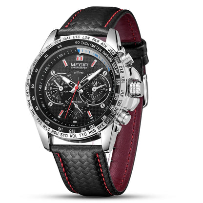 MEGIR men’s analogue quartz wristwatch – Water-resistant luxury watch with leather strap, casual style, model 1010 (black)