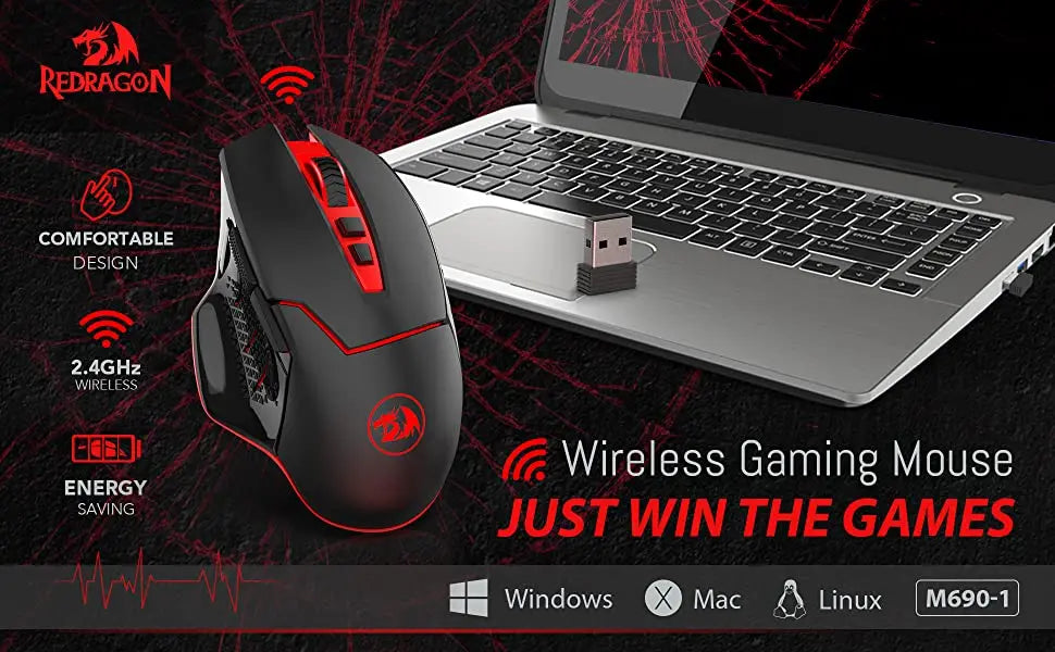 Redragon M690-1 2.4Ghz vezeték nélküli gamer egér DPI-váltással, 2 oldalsó gombbal, 2400 DPI, ergonomikus kialakítás, 8 gomb – fekete egér