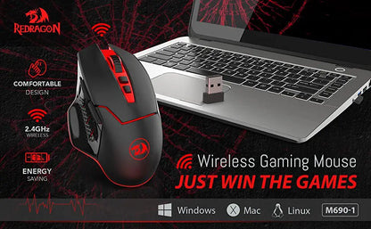 Redragon M690-1 2.4Ghz vezeték nélküli gamer egér DPI-váltással, 2 oldalsó gombbal, 2400 DPI, ergonomikus kialakítás, 8 gomb – fekete egér