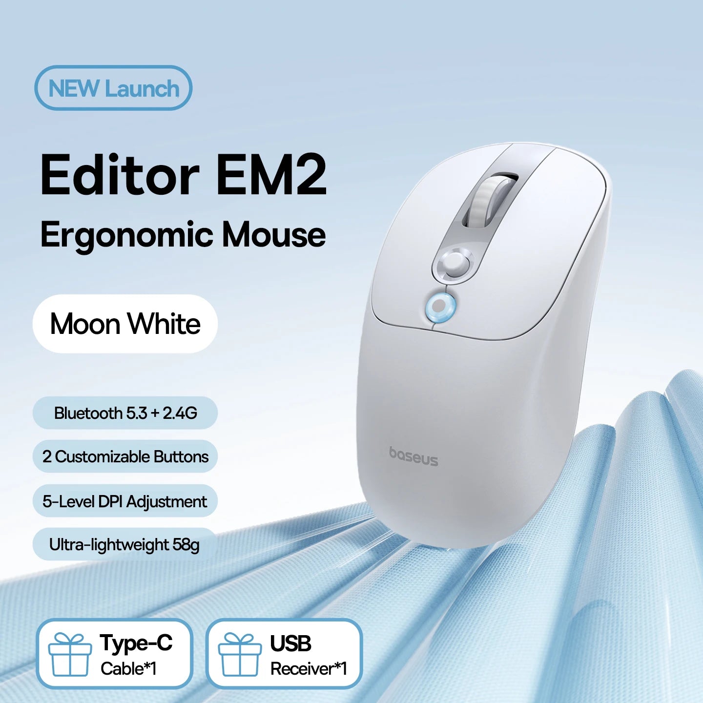 Baseus EM2 Ergonomic Wireless Mouse Bluetooth 5.3 Rechargeable Silent Mouse, Ultra-Light Bluetooth & 2.4G Wireless Mouse with Customizable Buttons, 4000 DPI Type-C Charging