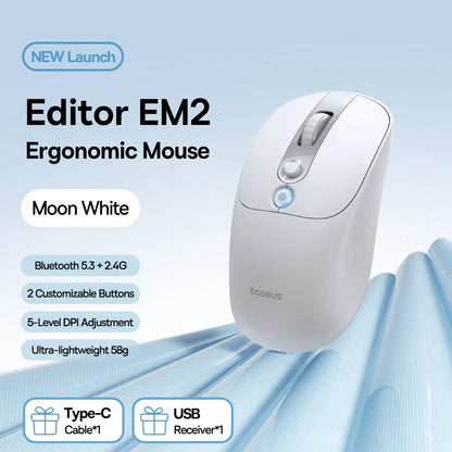 Baseus EM2 Ergonomic Wireless Mouse Bluetooth 5.3 Rechargeable Silent Mouse, Ultra-Light Bluetooth & 2.4G Wireless Mouse with Customizable Buttons, 4000 DPI Type-C Charging