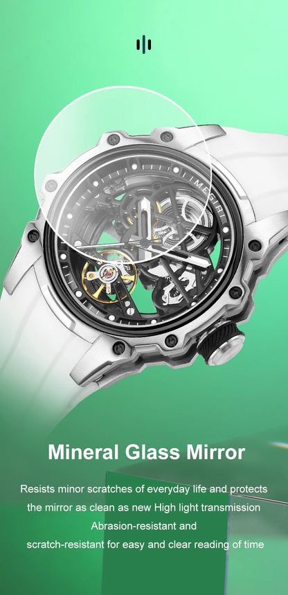 MEGIR Skeleton Dial Automatic Mechanical Watch Men Stainless Steel Case Waterproof Luminous Sport Wristwatch with Silicone Strap