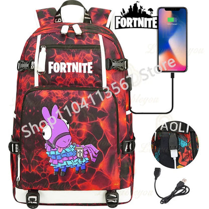 Red Jade F-Fortnited Battle Royale Backpack with USB Charging Anime Figures Study Stationery Compartment for Students Mochila