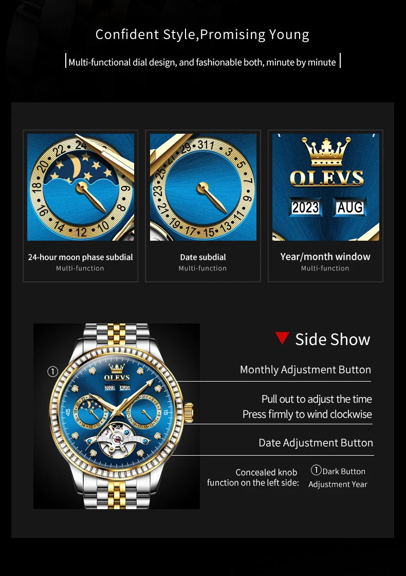 OLEVS 7016 Automatic Man Watch Stainless Steel Diamond Bezel Skeleton Flywheel Moon Phase Luminous Waterproof Mechanical Watches