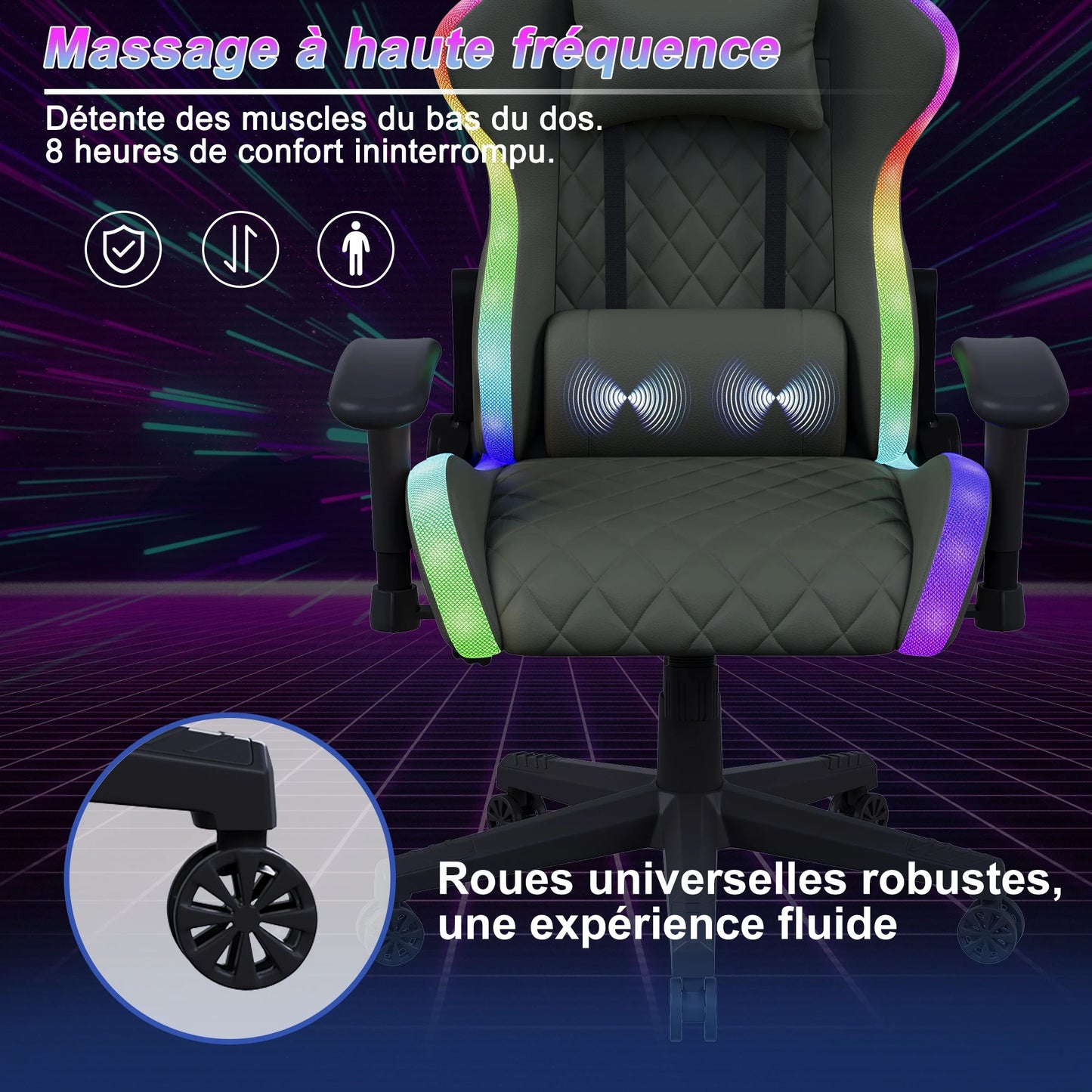 Ergonomic Office Chair with Lumbar Massage, LED RGB Ambient Lighting, and Reclining Backrest, for Home Offices