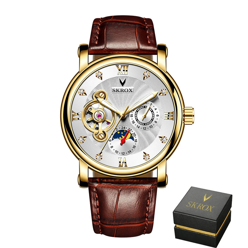 Montre mécanique automatique de luxe pour homme, signée par une grande marque, dotée d'un tourbillon, d'une phase de lune et de diamants – une montre-bracelet élégante.