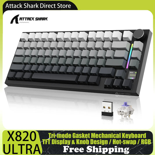 ATTACK SHARK X820 Ultra Gasket Mechanical Keyboard with TFT Screen & Knob, 75% ANSI Layout, Tri-mode, 5 Sound Absorbing Foams