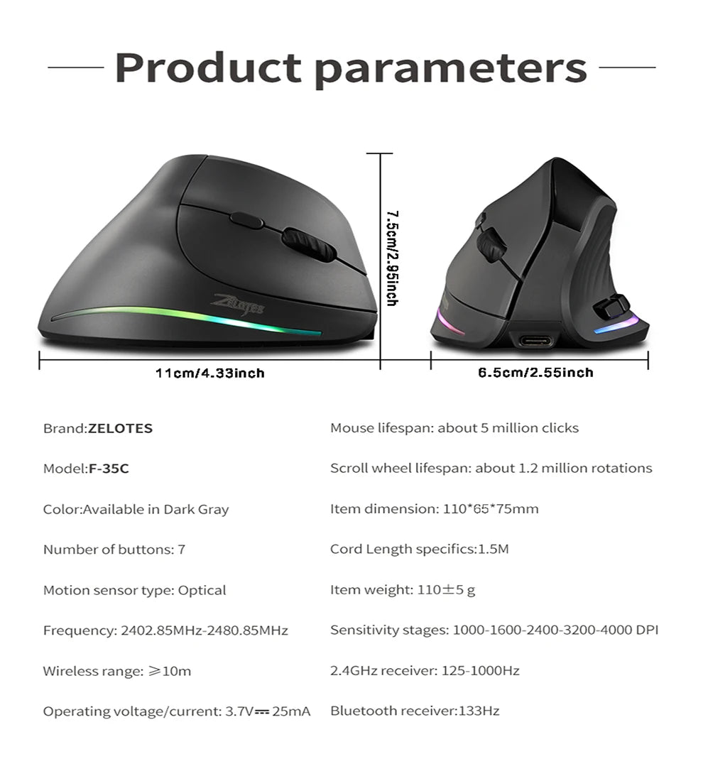 Rato vertical sem fios recarregável com ecrã — rato ergonómico gaming programável de 6 botões para jogador em desktop