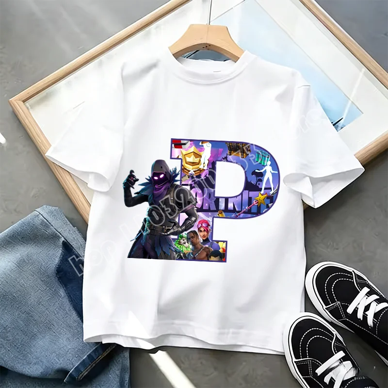 Μπλουζάκι Fortnite με στάμπα αλφαβήτου A-Z για παιδιά, καλοκαιρινό, λευκό, δημοφιλές cartoon game, casual κοντομάνικο τοπ μόδας, ιδανικό για δώρο