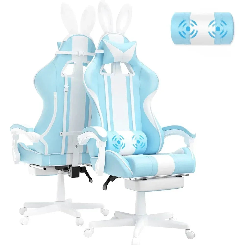 For Kawaii Light Blue Gaming Chair with Bunny Ears, Ergonomic Cute Gamer Chair with Footrest and Massage, Racing Reclining