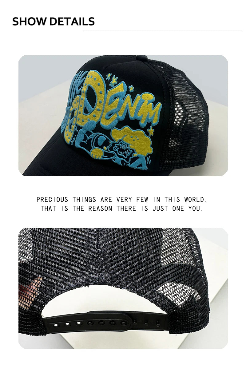 Casquettes de baseball unisexes originales imprimées en 3D avec lettres, casquettes de camionneur respirantes à motifs colorés et à visière pare-soleil, en maille polyvalente