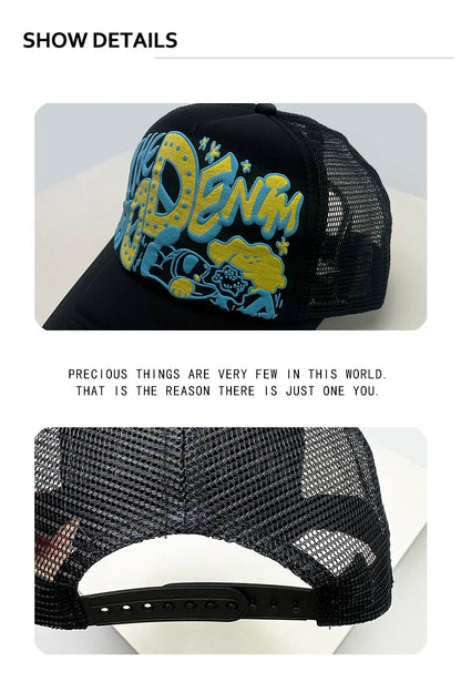 Casquettes de baseball unisexes originales imprimées en 3D avec lettres, casquettes de camionneur respirantes à motifs colorés et à visière pare-soleil, en maille polyvalente