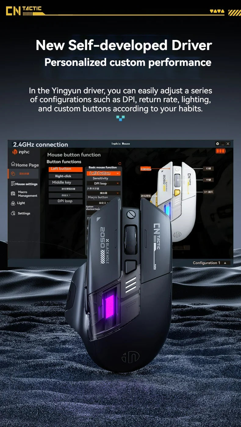 Mouse da gioco Inphic A9 Pro tri-mode, indicatore di alimentazione con guida luminosa colorata, DPI regolabili, macro driver, ergonomico, 12800DPI