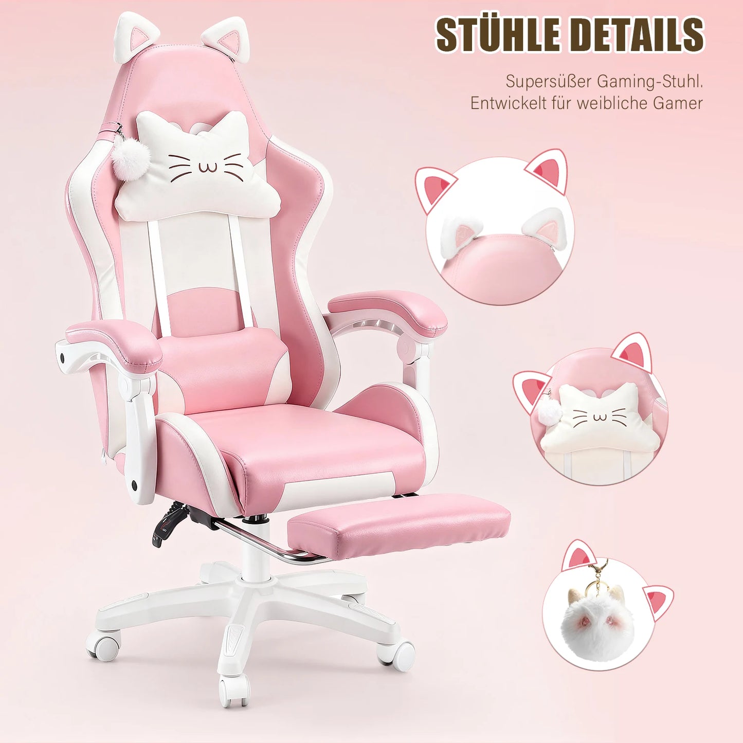 Cat Ear Gaming Chair with Footrest, Ergonomic Computer Gaming Chair with Lumbar Support, Adjustable Height 360° Swivel Racing Chair