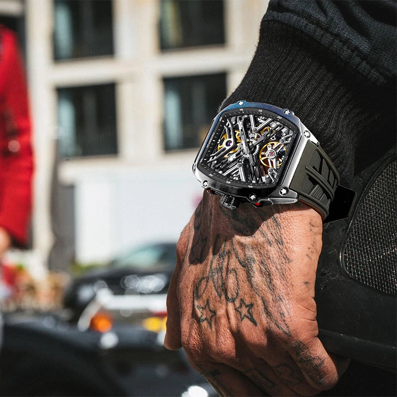 STARKING Men's Waterproof Sports Mechanical Watches Wear-resistant Silicone Strap Automatic Watch Luminous Tonneau Luxury Watch