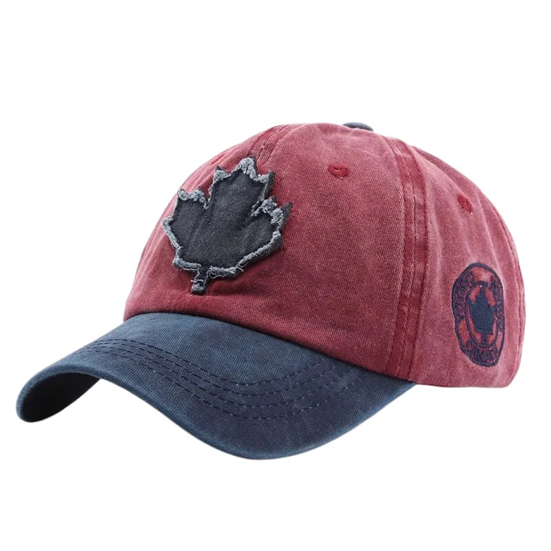 Casual Washed Denim Look Maple Leaf Patch Cap Adjustable Two Tone Outdoor Sport Baseball Hat for Daily Wear