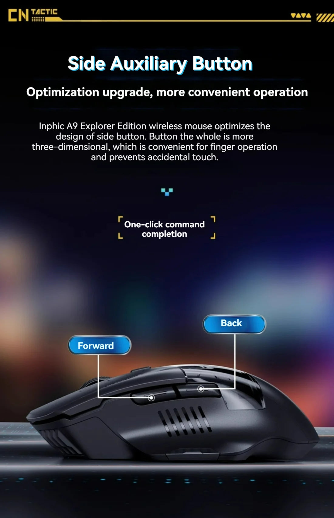 Mouse da gioco Inphic A9 Pro tri-mode, indicatore di alimentazione con guida luminosa colorata, DPI regolabili, macro driver, ergonomico, 12800DPI