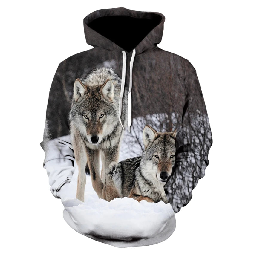 Neuer modischer Hoodie mit 3D-Tierprint für Herren und Damen, personalisiertes Design, Sweatshirt mit Schnee- und Doppelwolf-Motiv, Harajuku Oversized Hoodie