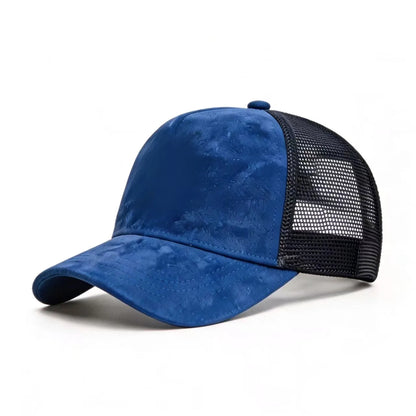 Vasaros tinklinė beisbolo kepurė moterims ir vyrams, vienspalvė suede kepurė su emblema, „snapback“ stiliaus kepurė, kasdienė, kvėpuojanti, unisex, gatvės stiliaus, hip-hopo ir „trucker“ stiliaus kepurės