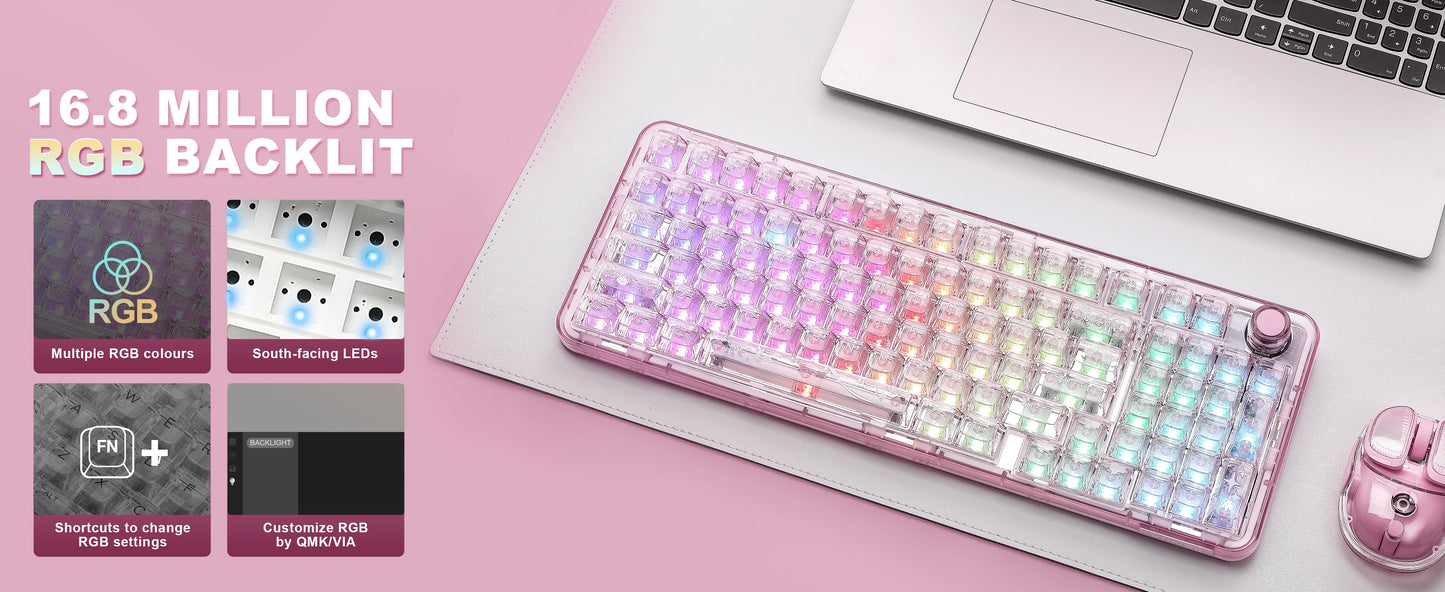 YUNZII X98 Pink QMK/VIA Wireless Transparent RGB Keyboard, Hot-Swap Gasket Mechanical Gaming Keyboard, Pre-lubed Knob Keyboard