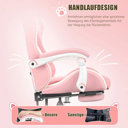 Cat Ear Gaming Chair with Footrest, Ergonomic Computer Gaming Chair with Lumbar Support, Adjustable Height 360° Swivel Racing Chair
