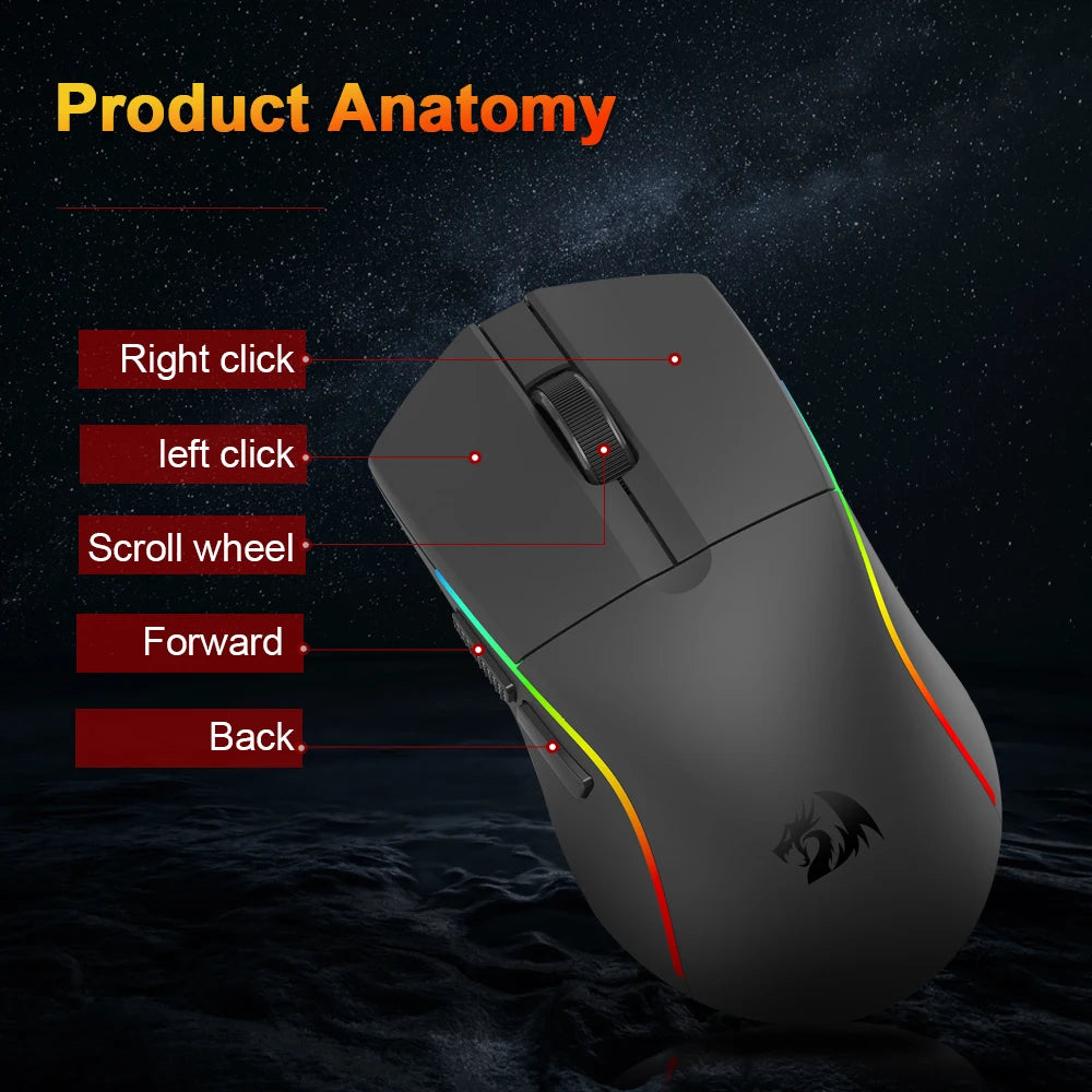 REDRAGON DEICIDE M816 PRO RGB USB mit Bluetooth-Unterstützung, 2.4G kabellose Gaming-Maus, 26000 DPI, 6 Tasten für Gamer, kabelgebundene Computermaus