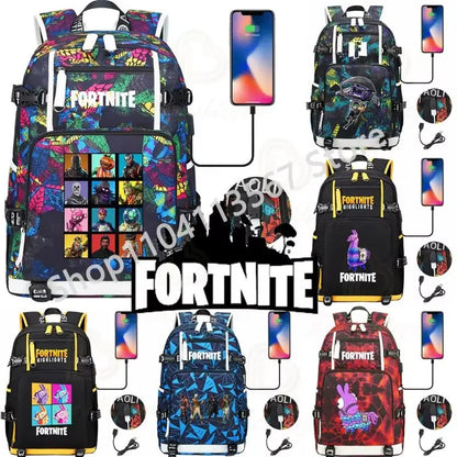 Red Jade F-Fortnited Battle Royale Backpack with USB Charging Anime Figures Study Stationery Compartment for Students Mochila